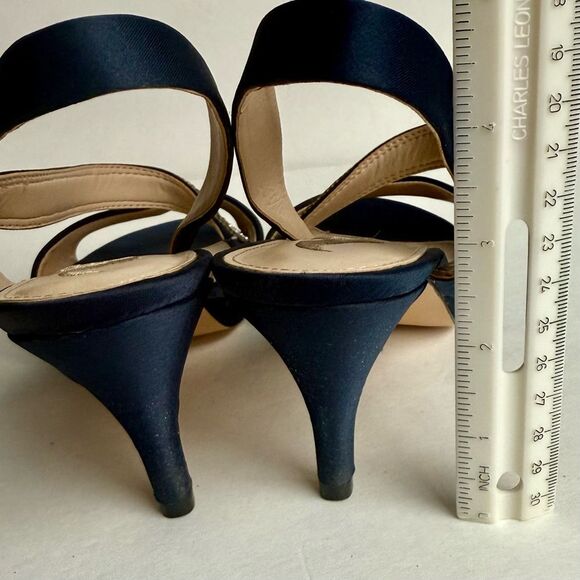 Nina Navy Blue Satin Asymmetrical Rhinestone Shoes Homecoming Sandals Heels Sz 8 - Picture 3 of 9